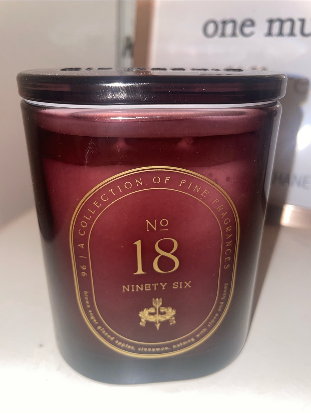 NINETY SIX No 18 Burgundy Glass Fine Fragrance Candle with Gold Label